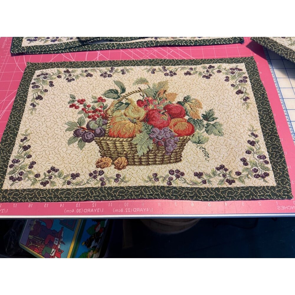 Set Of 6 Fruit Basket Tapestry Placemats Reversible 13"x19" Woven Fabric